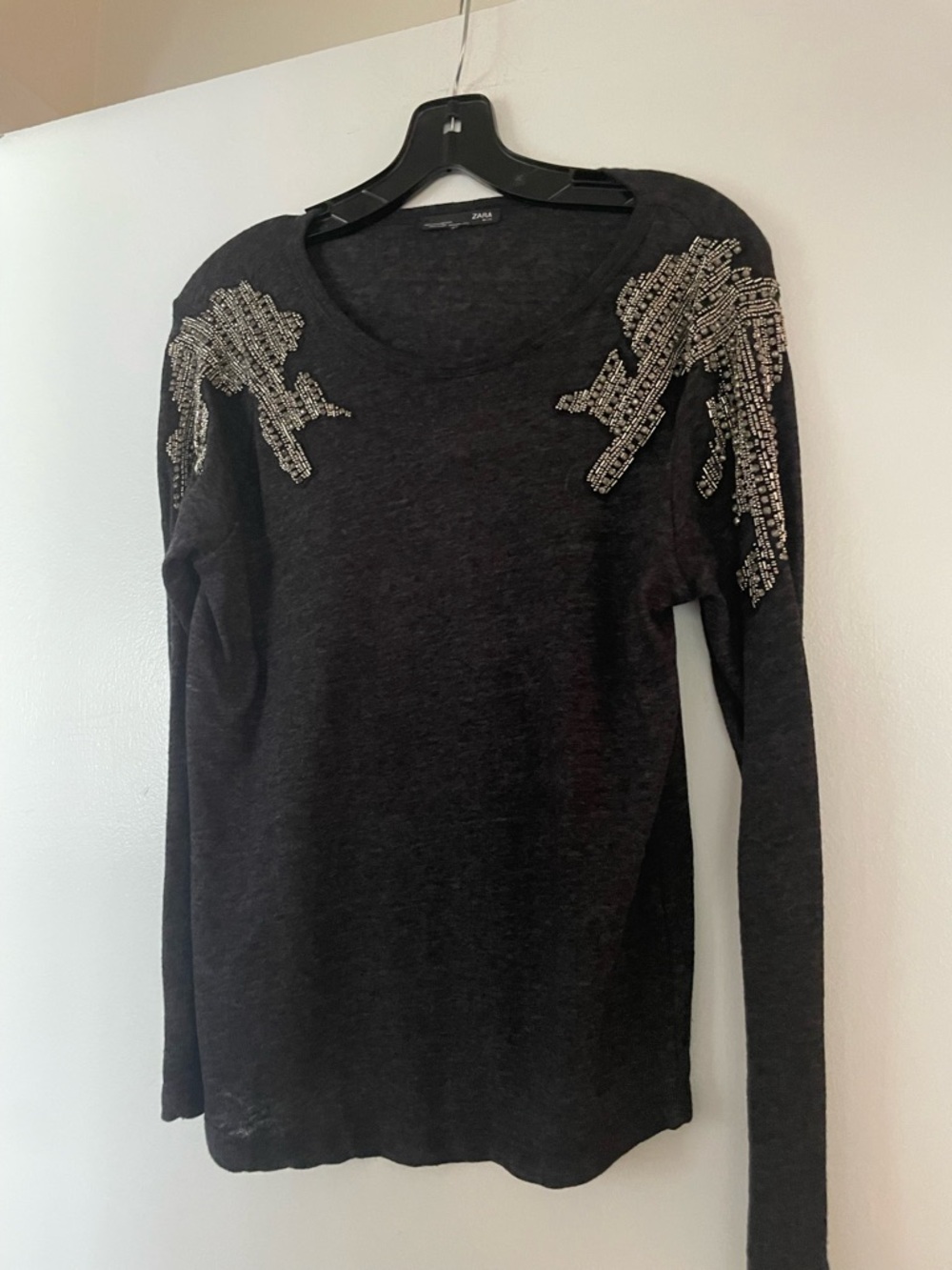 Zara Charcoal bl Long-Sleeve Sweater with Silver Shoulder Embellishment. Size M